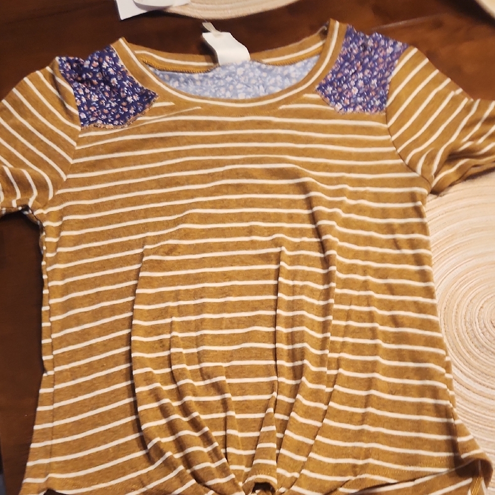 Self Esteem Brown Striped Tee with Blue Floral Accents